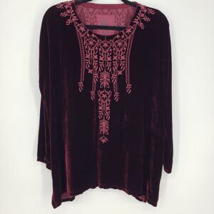 Johnny Was Embroidered Velvet Tunic Top XS Silk Blend 3/4 Sleeves Burgundy Red